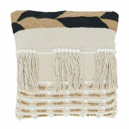 SARO 18 in. Fringe Boho Square Throw Pillow with Poly Filling, Ivory 1725.I18SP